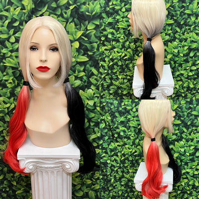 Harley Harlequin Wig Joker Squad Blonde Red Black Pigtail Lace Front